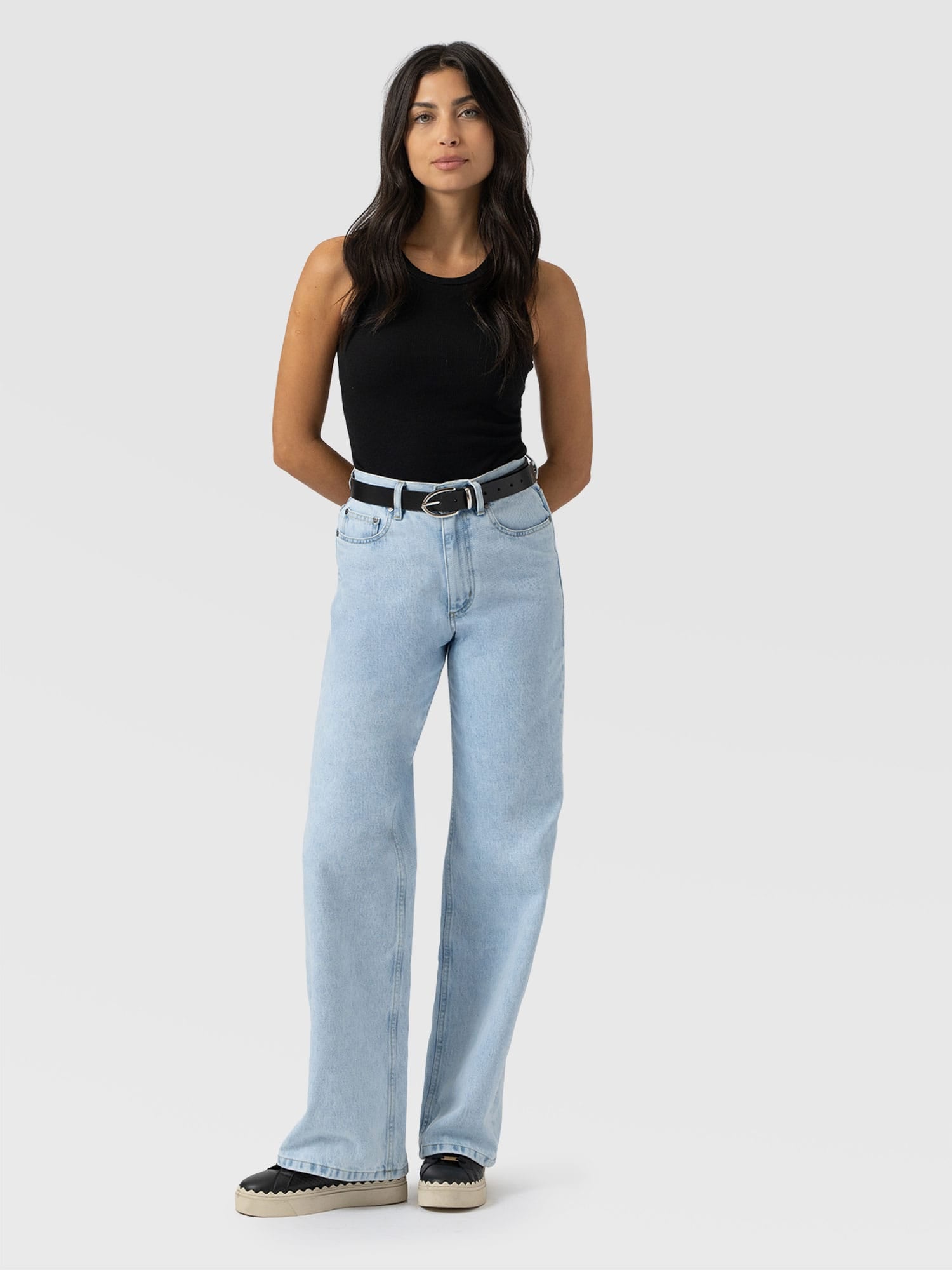 Adjustable Wide Leg Jeans - Pale Blue