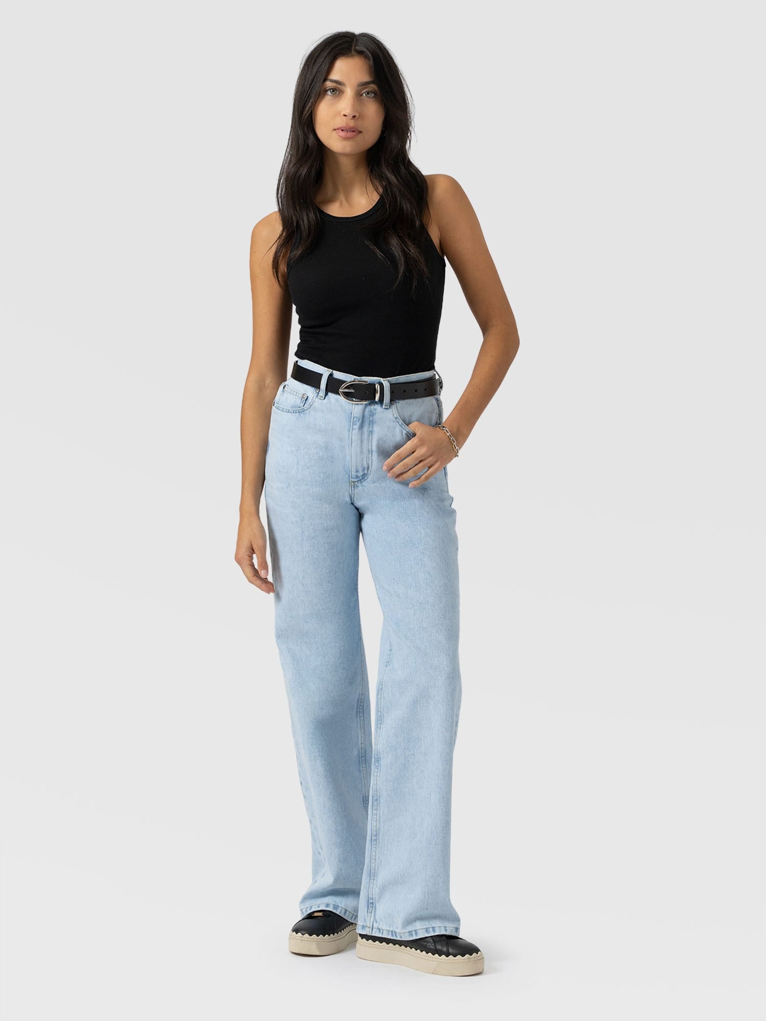 Adjustable Wide Leg Jeans - Pale Blue