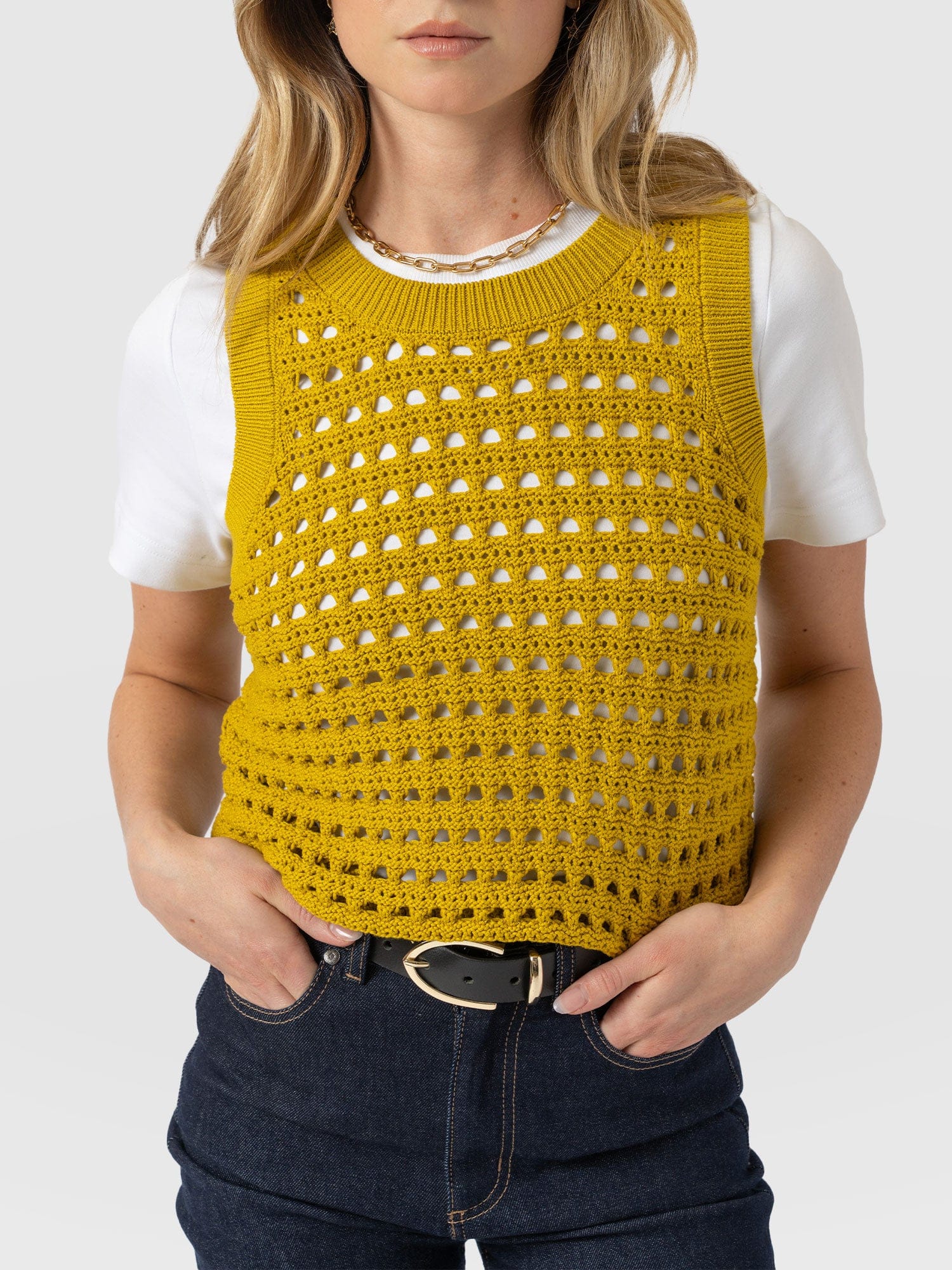 Adler Sleeveless Knit Mustard - Women's Vests | Saint + Sofia® UK