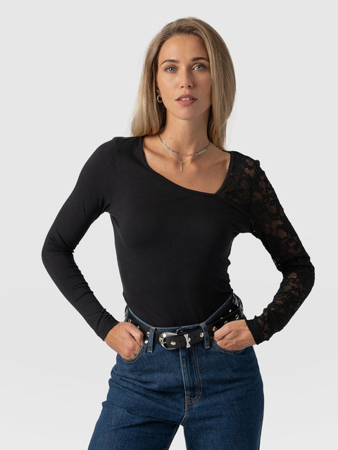 Aimee Cut Out Long Sleeve Tee Black Lace - Women's T-Shirts | Saint + Sofia® UK
