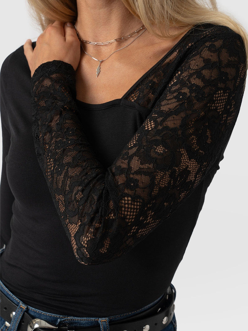 Aimee Cut Out Long Sleeve Tee - Black Lace