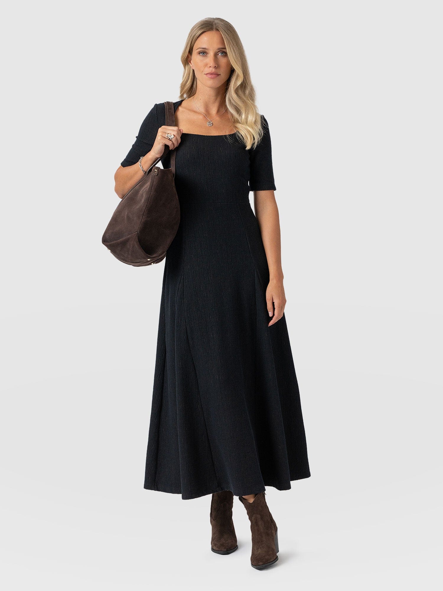 Akia Short Sleeve Dress - Black Textured