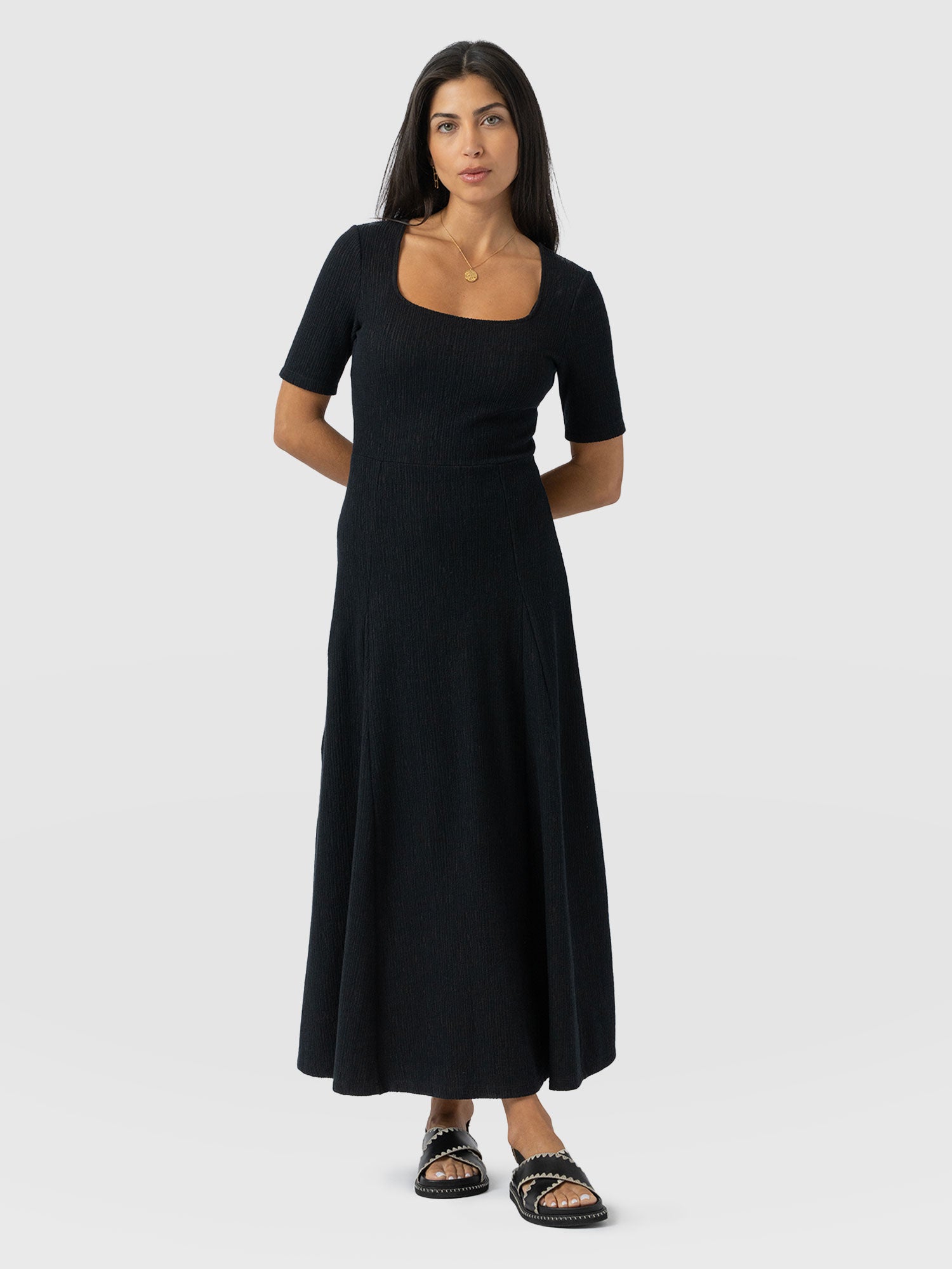 Akia Short Sleeve Dress - Black Textured
