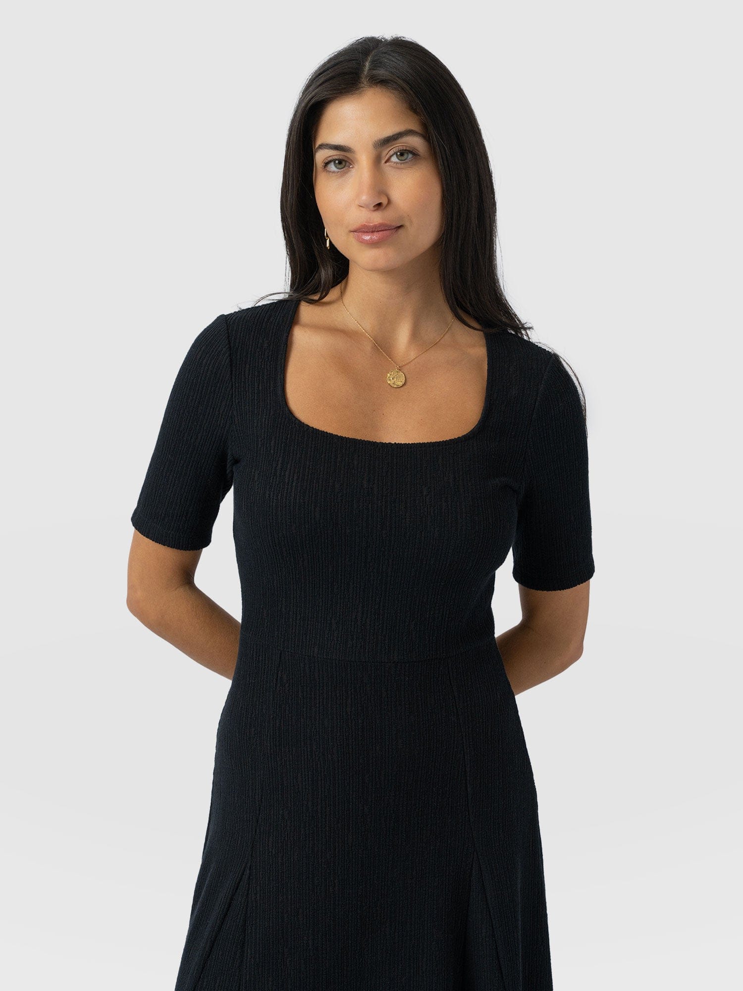Akia Short Sleeve Dress - Black Textured