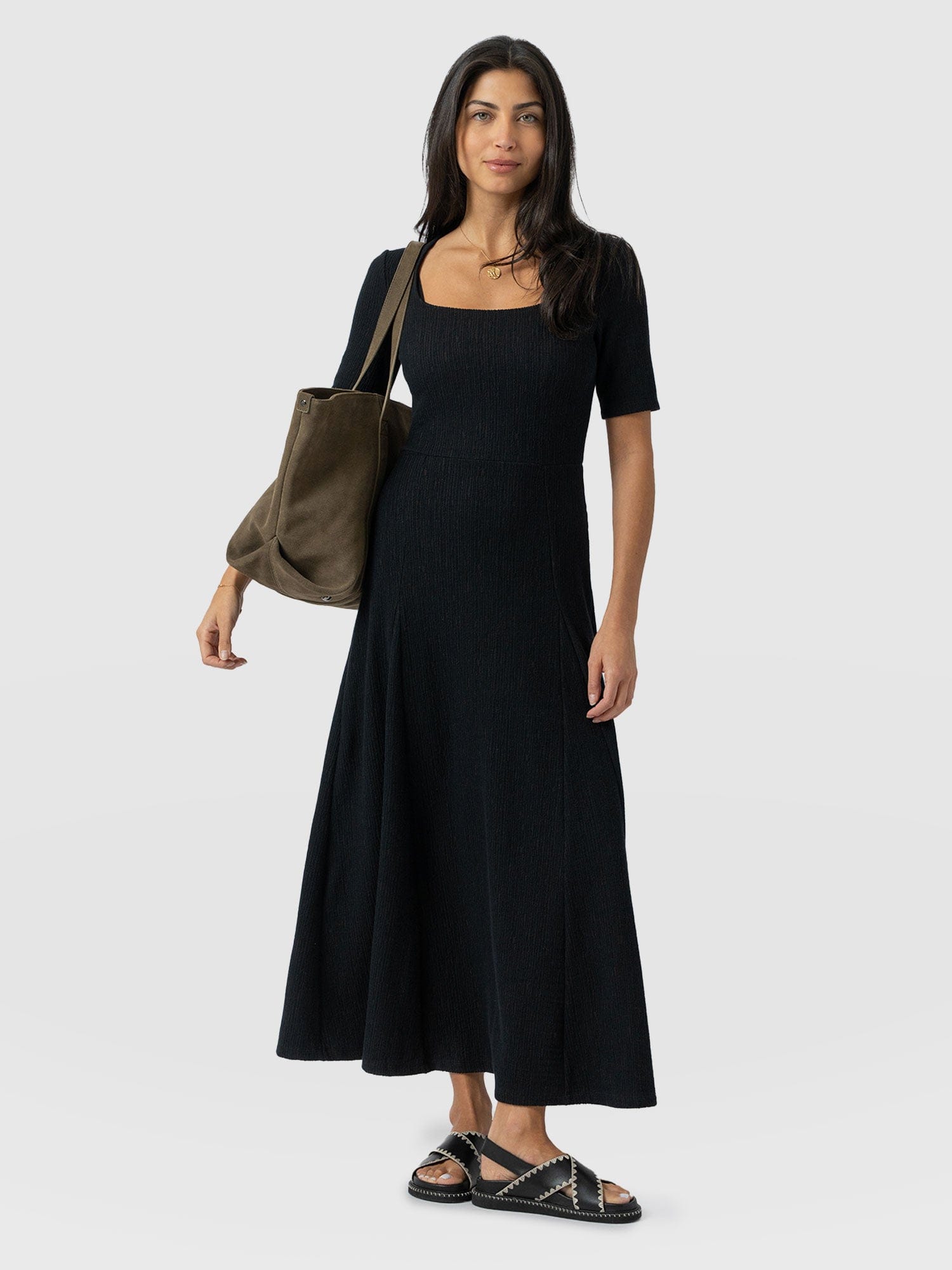 Akia Short Sleeve Dress - Black Textured