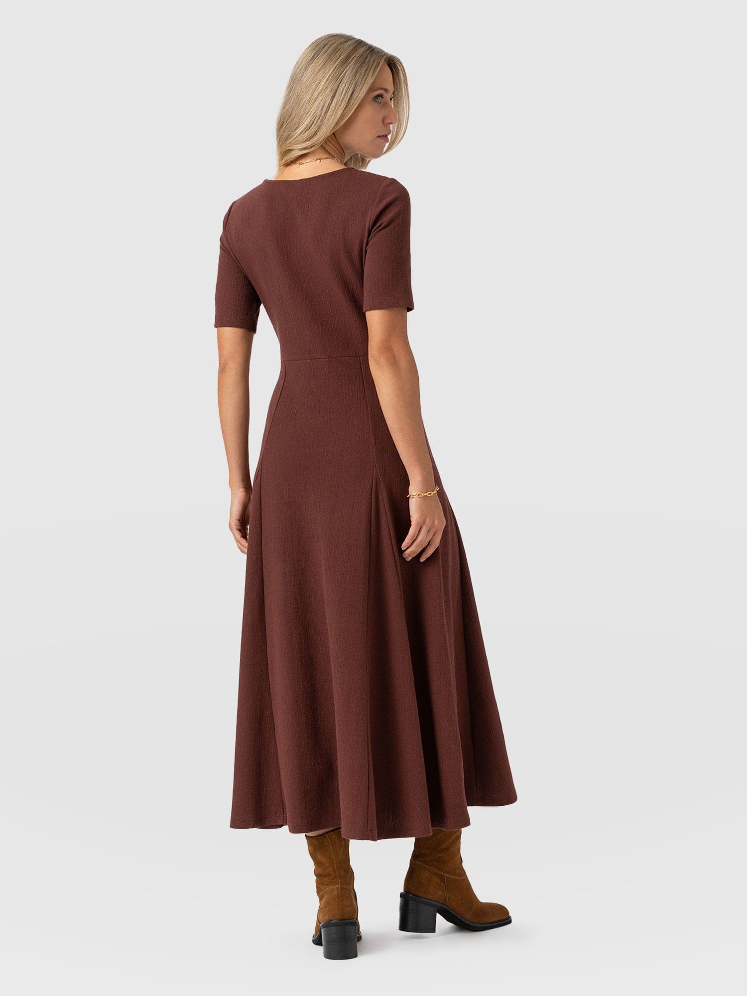 Akia Short Sleeve Dress - Maroon Textured
