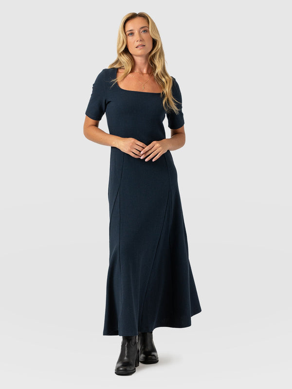 Akia Short Sleeve Dress - Navy Textured