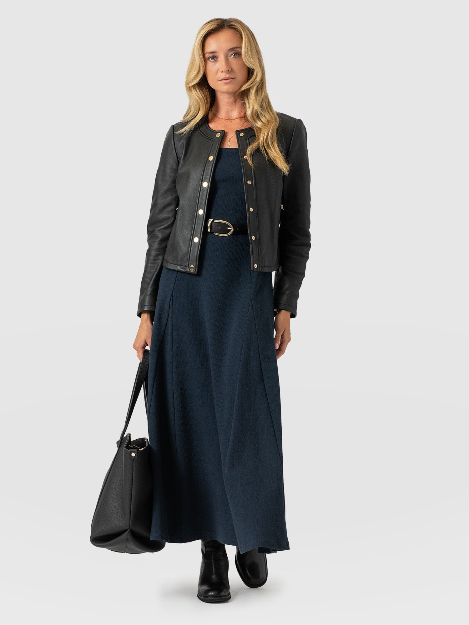 Akia Short Sleeve Dress - Navy Textured