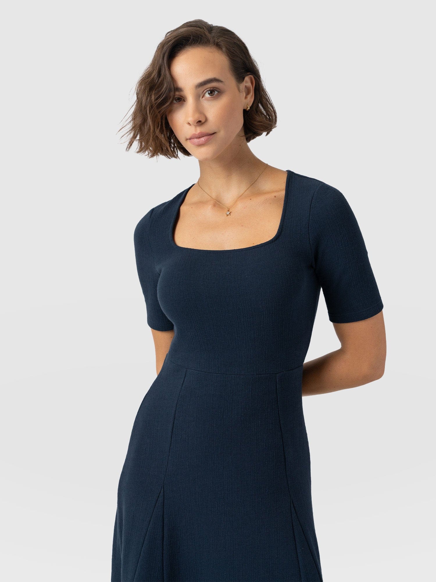 Akia Short Sleeve Dress - Navy Textured - Women's Dresses | Saint + Sofia® UK