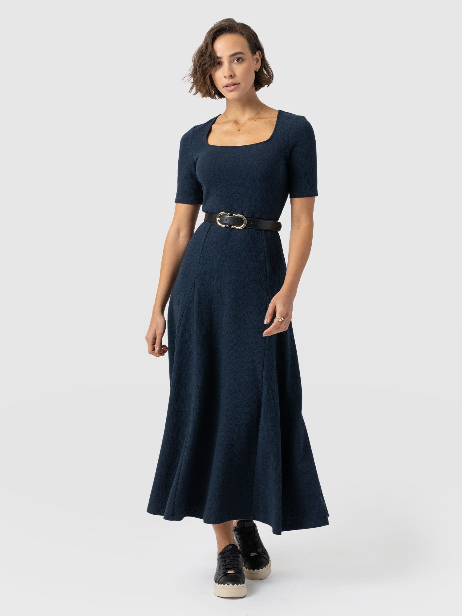 Akia Short Sleeve Dress - Navy Textured - Women's Dresses | Saint + Sofia® UK