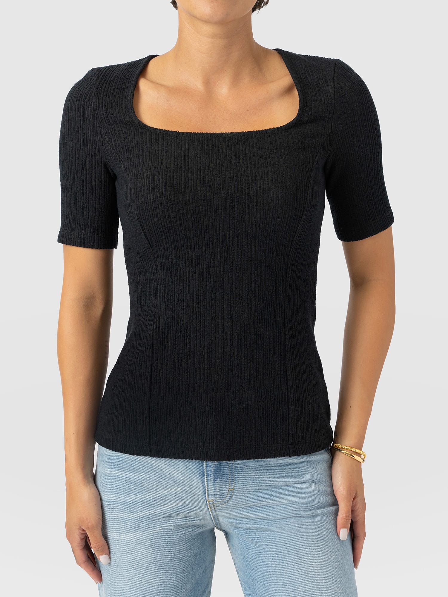 Akia Short Sleeve Tee - Black Textured - Women's T-Shirts | Saint and Sofia® UK