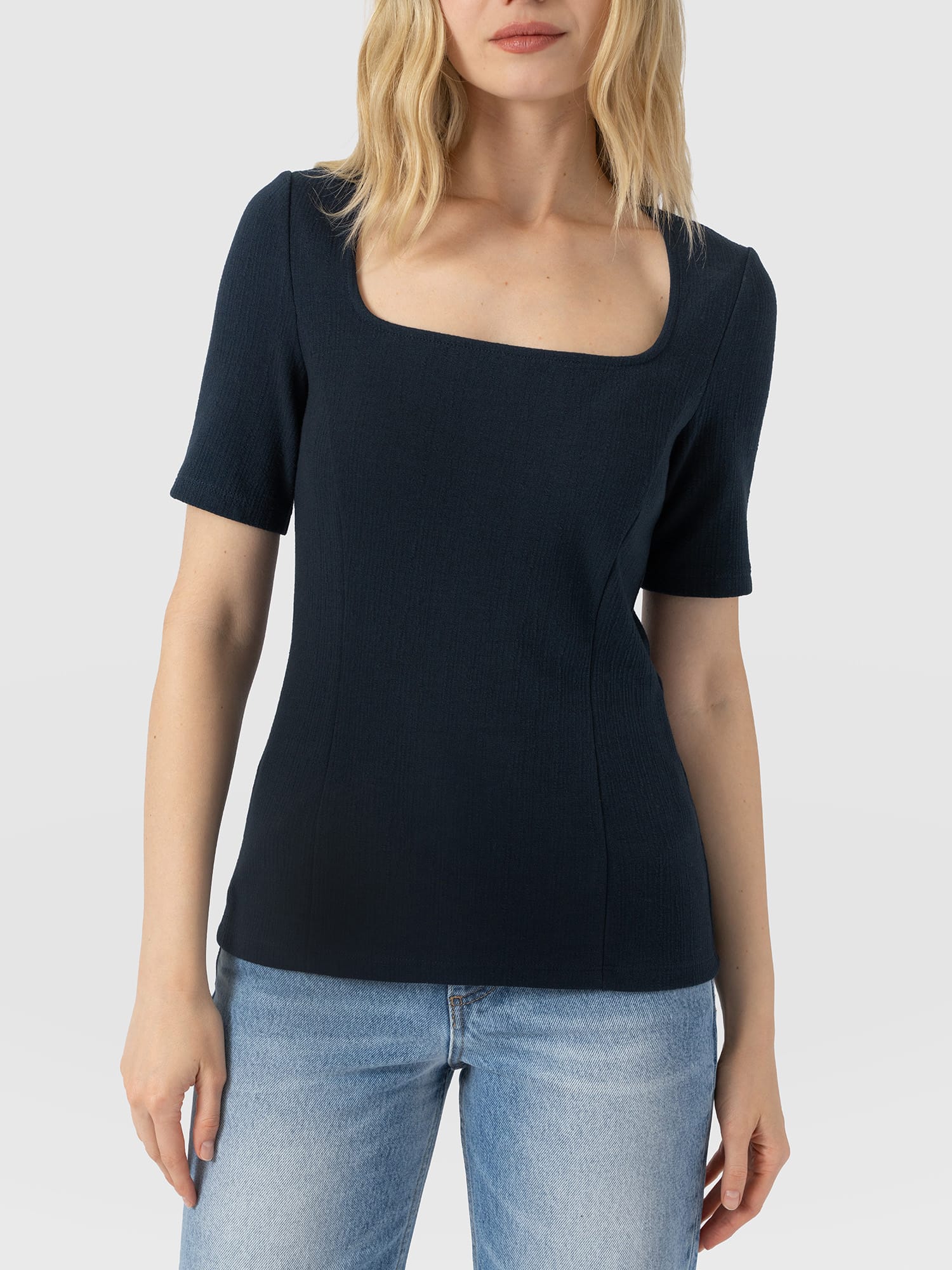 Akia Short Sleeve Tee - Navy Textured - Women's T-shirts | Saint and Sofia® UK