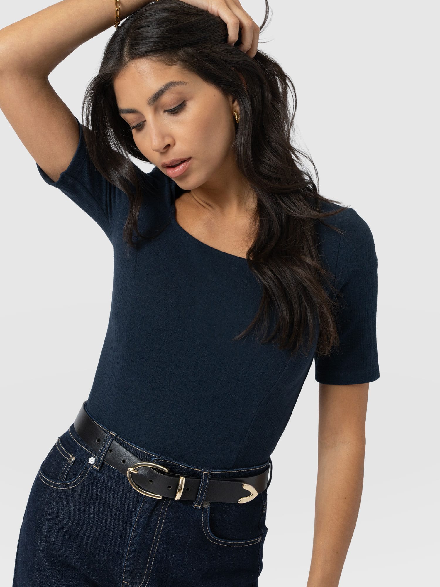 Akia Short Sleeve Tee - Navy Textured - Women's T-shirts | Saint + Sofia® UK