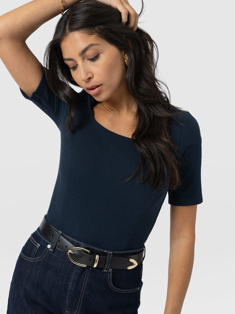 Akia Short Sleeve Tee - Navy Textured - Women's T-shirts | Saint + Sofia® UK