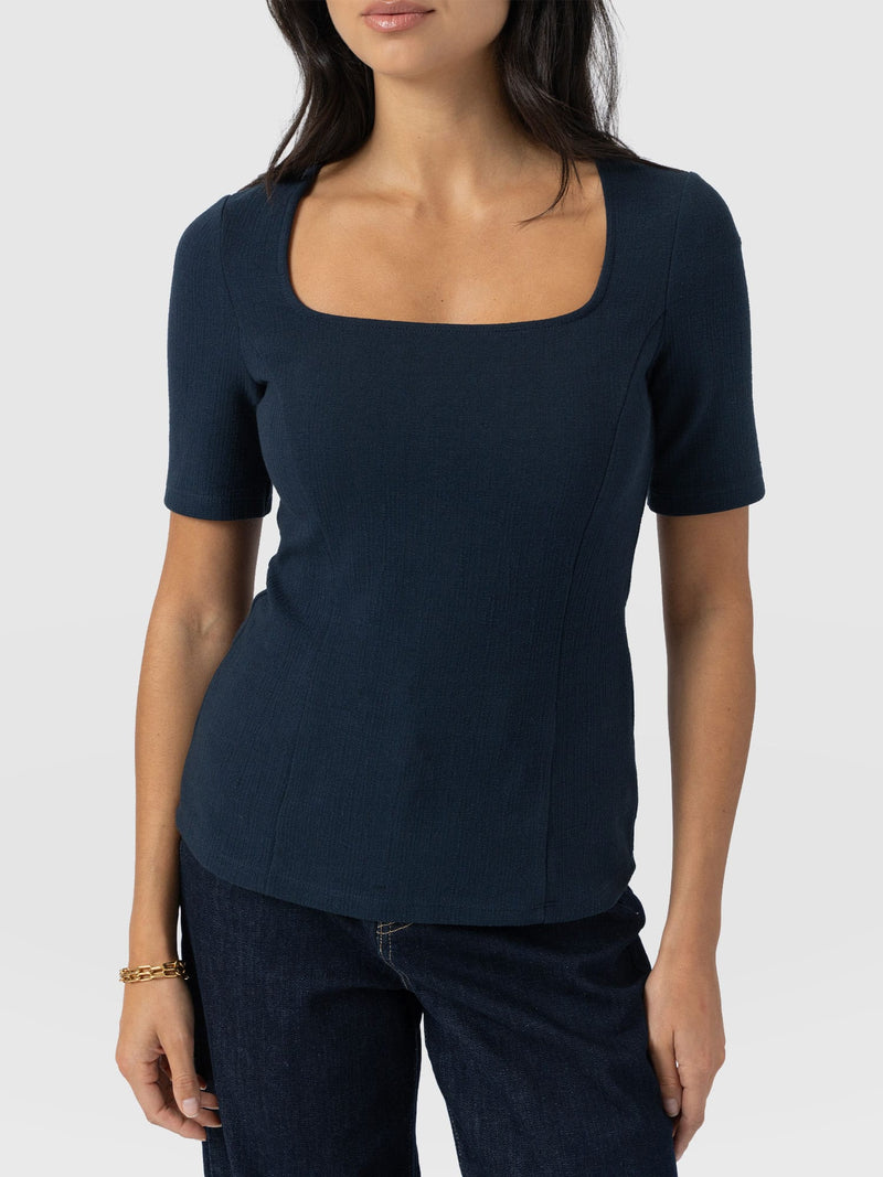 Akia Short Sleeve Tee - Navy Textured - Women's T-shirts | Saint + Sofia® UK