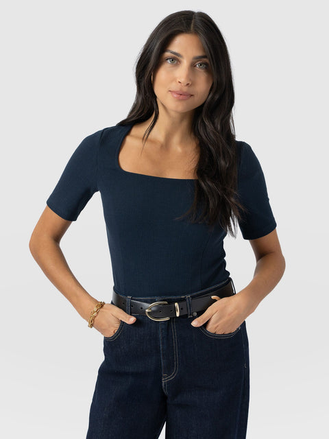 Akia Short Sleeve Tee - Navy Textured - Women's T-shirts | Saint and Sofia® UK