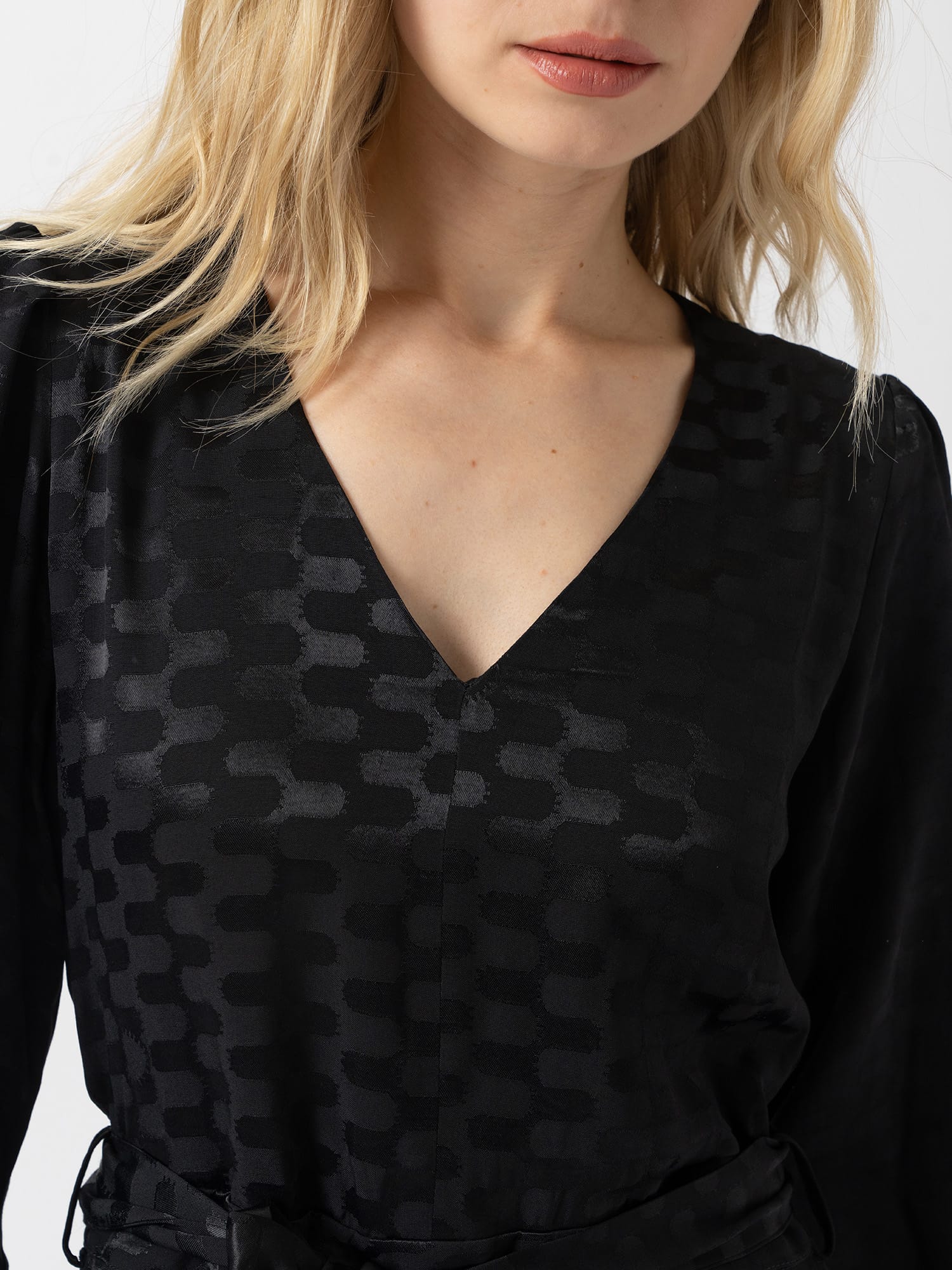 Allegra V Neck Dress - Black Jacquard - Women's Dresses | Saint and Sofia® UK