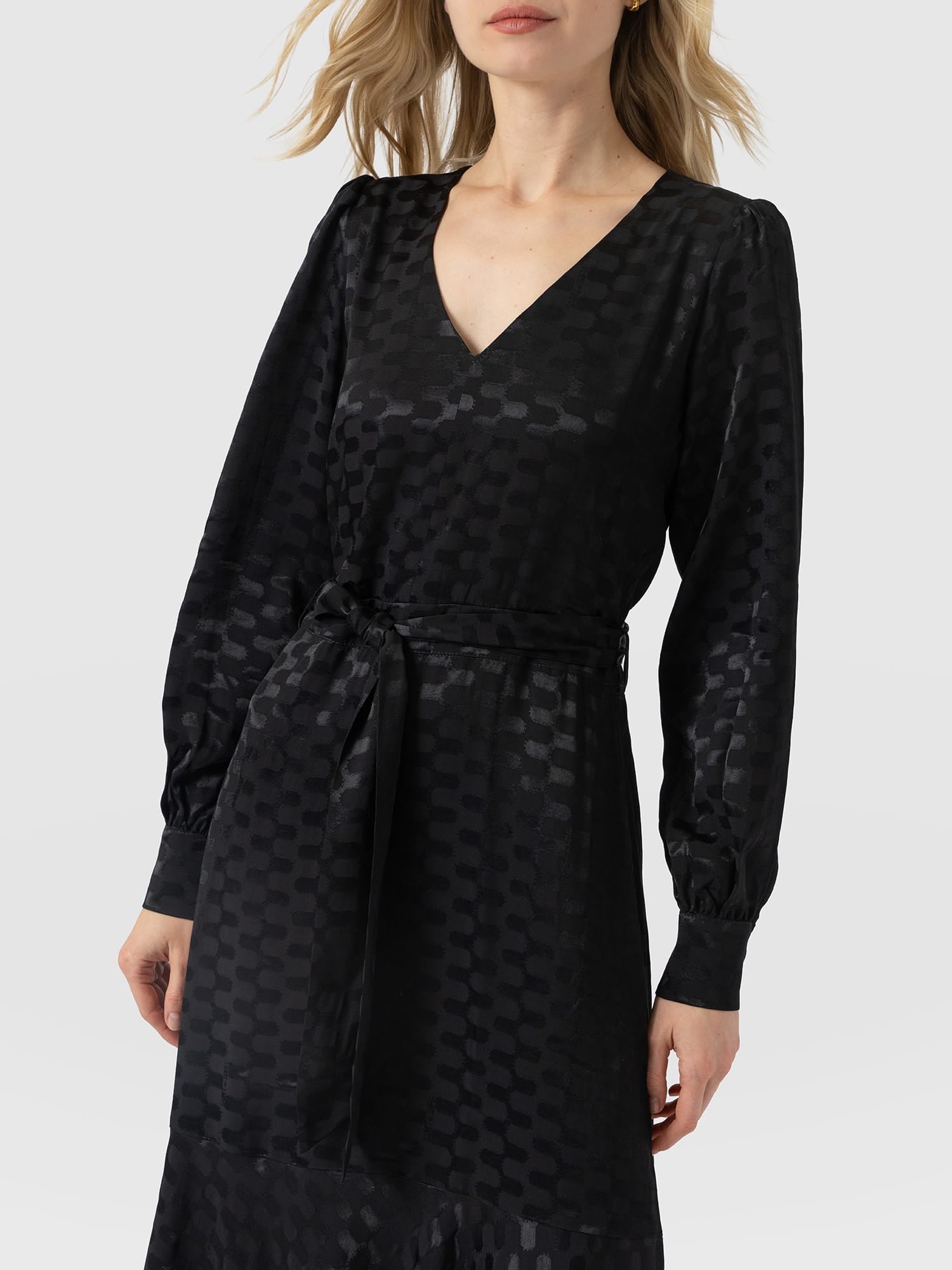 Allegra V Neck Dress - Black Jacquard - Women's Dresses | Saint and Sofia® UK