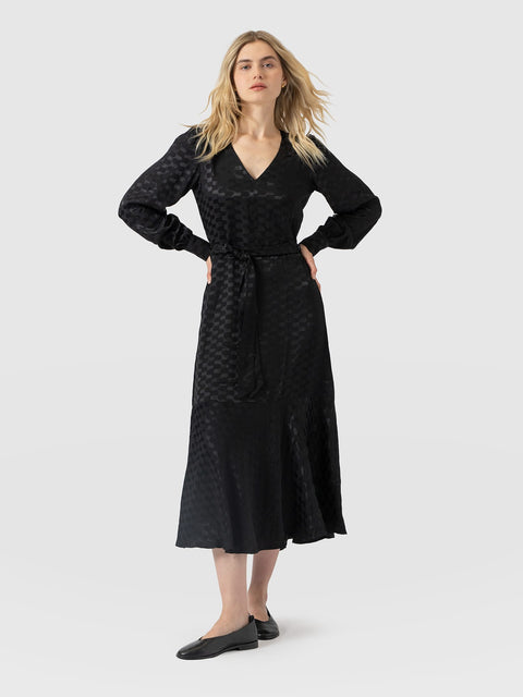Allegra V Neck Dress - Black Jacquard - Women's Dresses | Saint and Sofia® UK