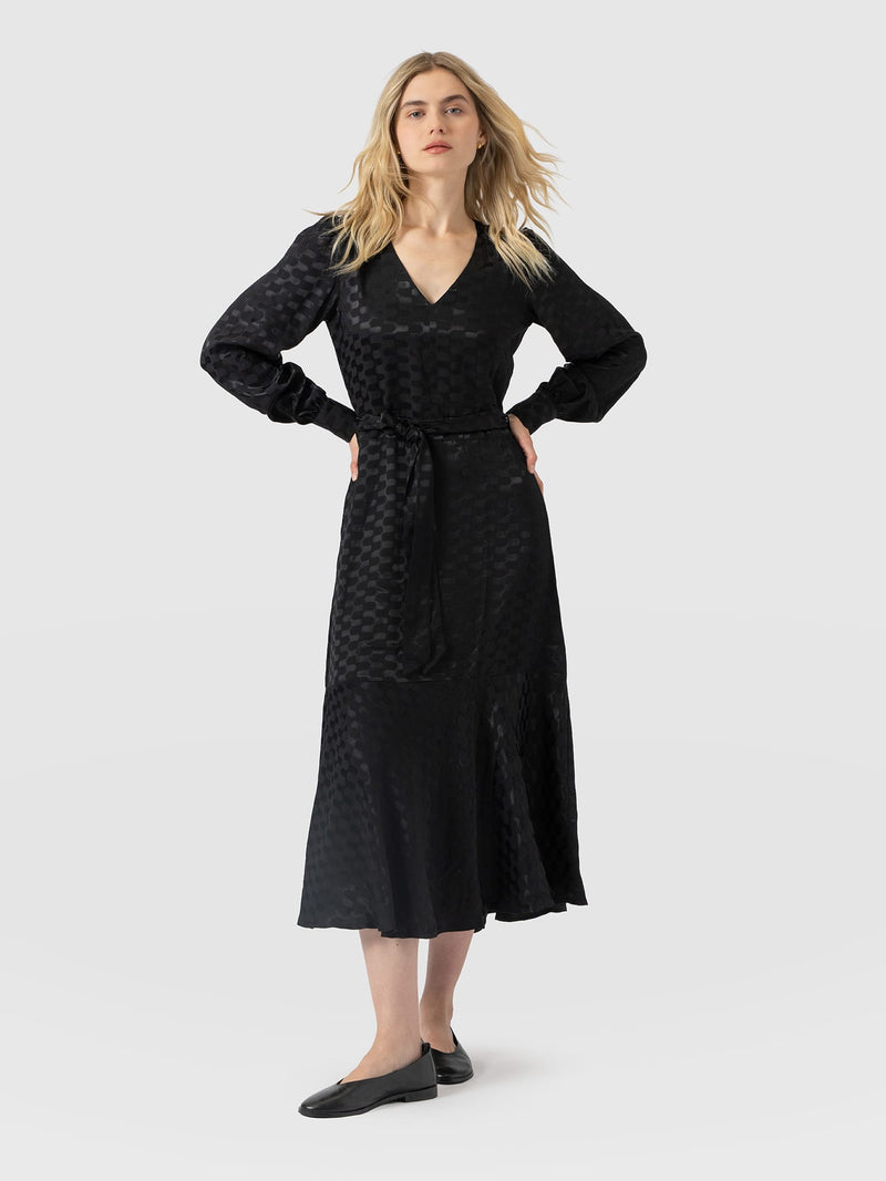 Allegra V Neck Dress - Black Jacquard - Women's Dresses | Saint and Sofia® UK