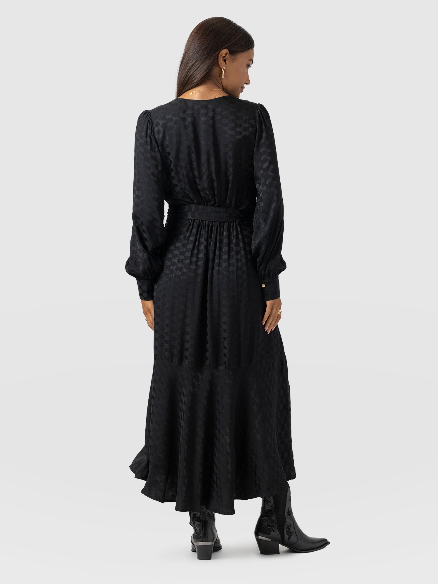 Allegra V Neck Dress - Black Jacquard - Women's Dresses | Saint + Sofia® UK