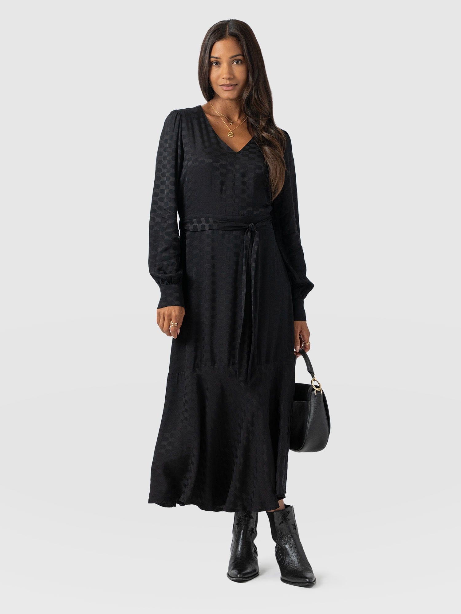 Allegra V Neck Dress - Black Jacquard - Women's Dresses | Saint + Sofia® UK