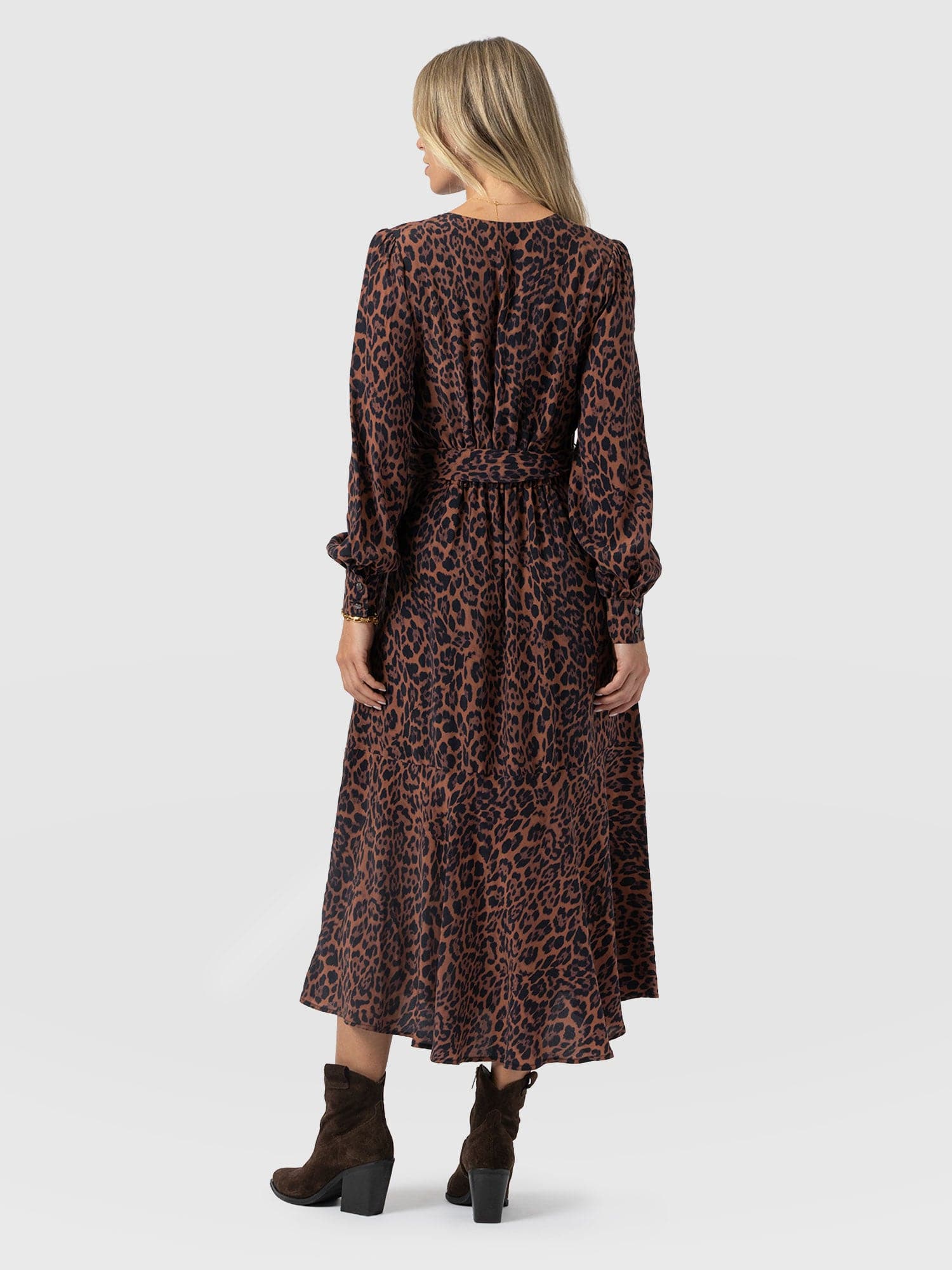 Allegra V Neck Dress - Brown Leopard - Women's Dresses | Saint + Sofia® UK