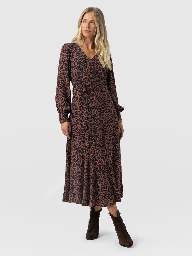Allegra V Neck Dress - Brown Leopard - Women's Dresses | Saint + Sofia® UK