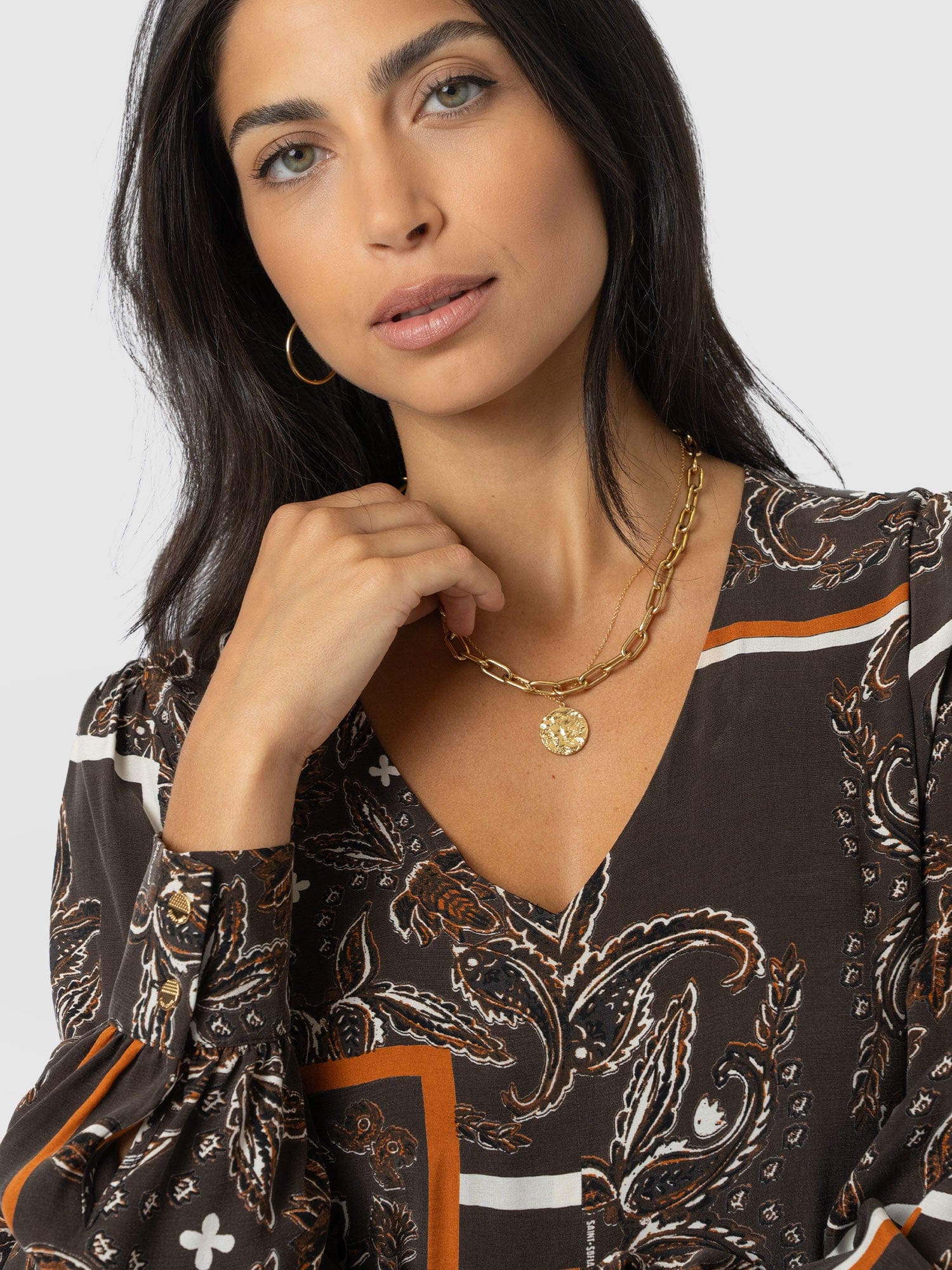 Allegra V Neck Dress - Brown Paisley
