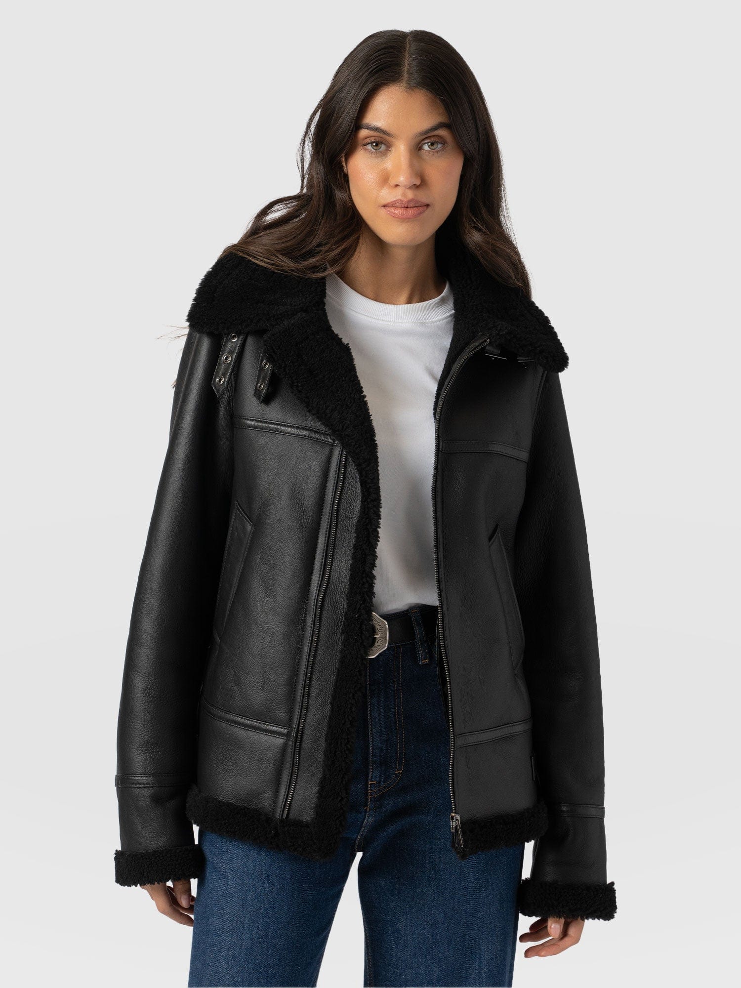 Amelia Aviator Jacket Black - Women's Leather Jackets | Saint + Sofia® UK
