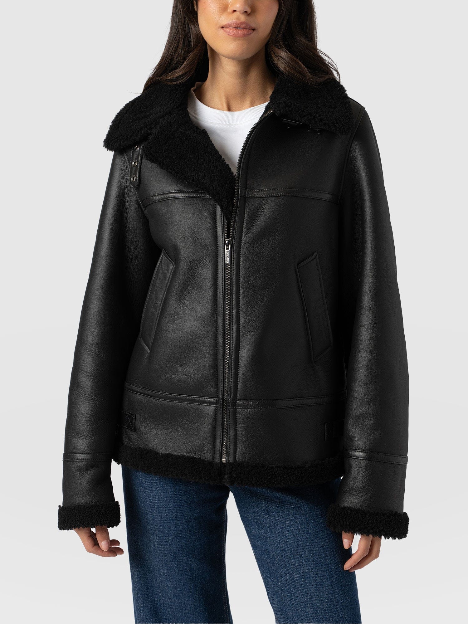 Amelia Aviator Jacket Black - Women's Leather Jackets | Saint + Sofia® UK