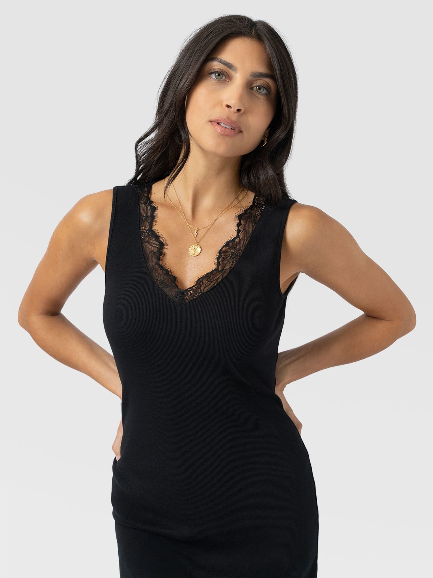 Andie Sleeveless V Neck Dress - Black Lace