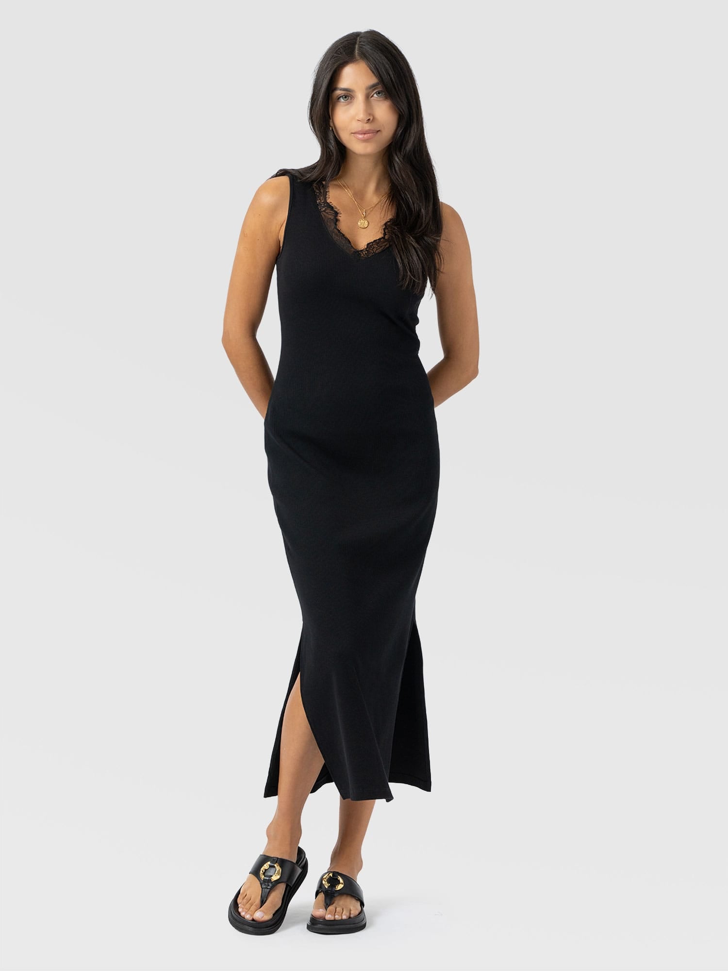 Andie Sleeveless V Neck Dress - Black Lace