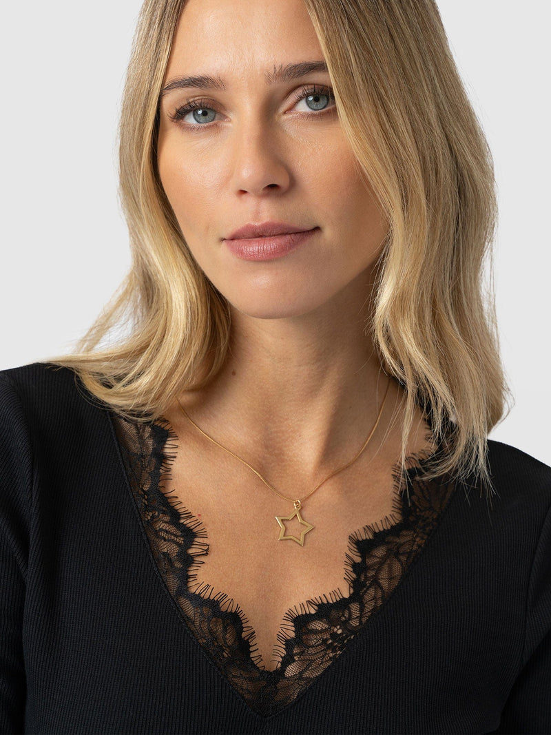 Andie V Neck Long Sleeve Tee - Black Lace