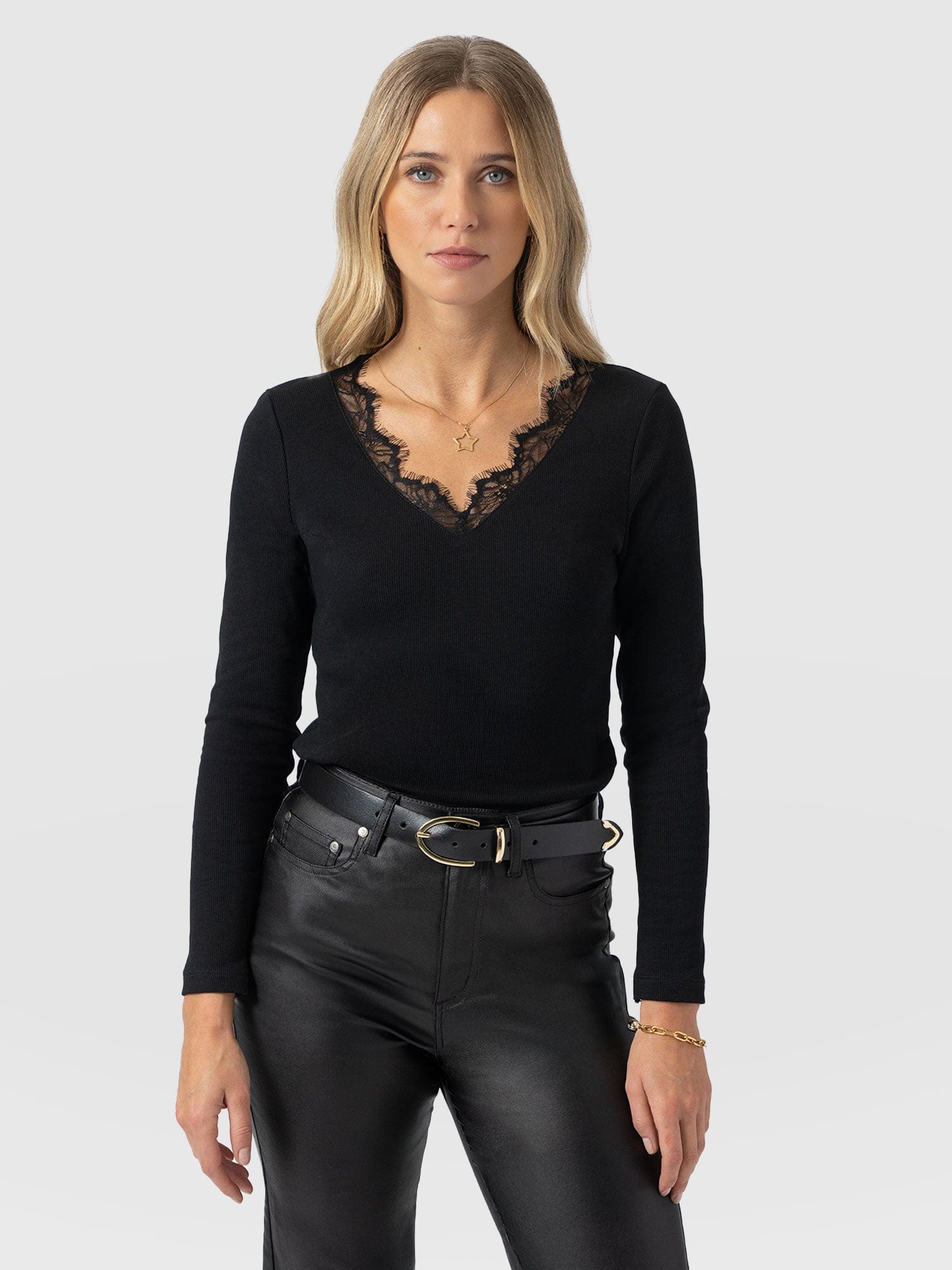 Andie V Neck Long Sleeve Tee - Black Lace - Women's T-shirts | Saint and Sofia® UK