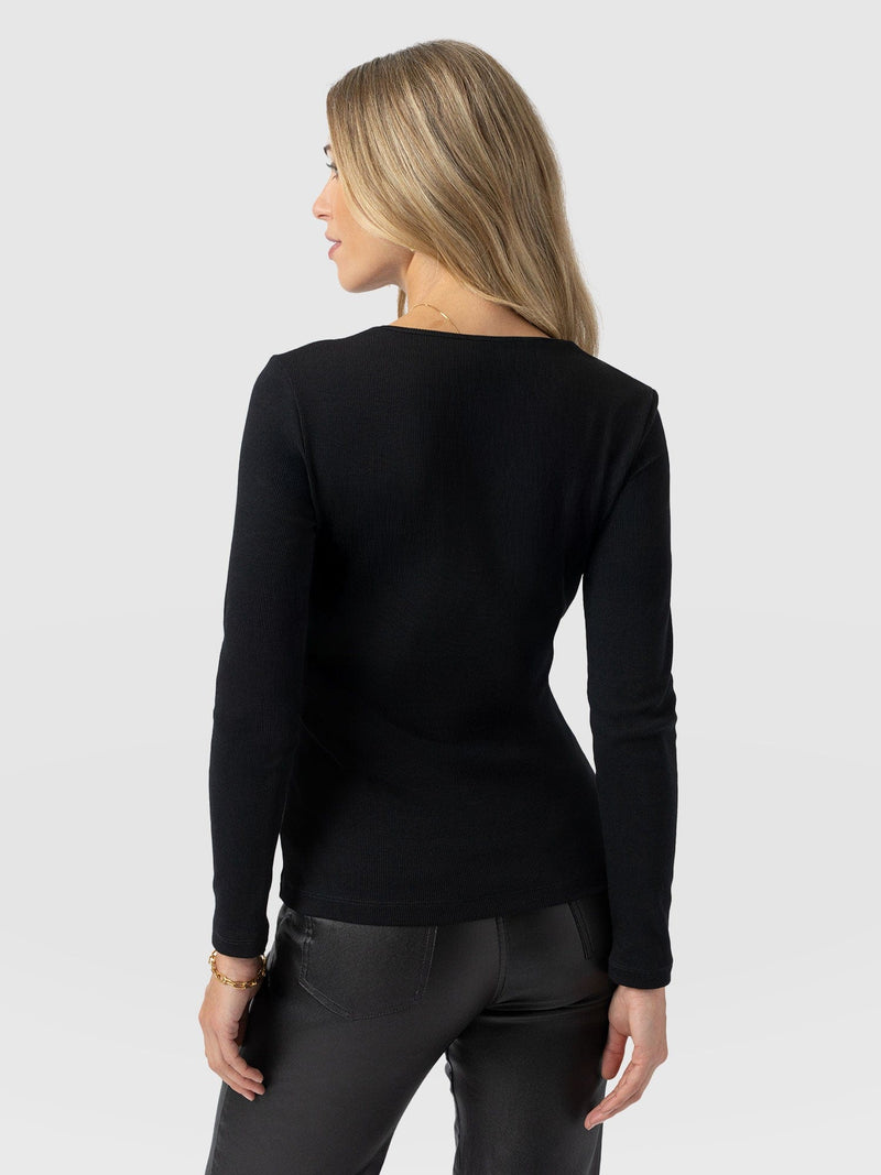 Andie V Neck Long Sleeve Tee - Black Lace