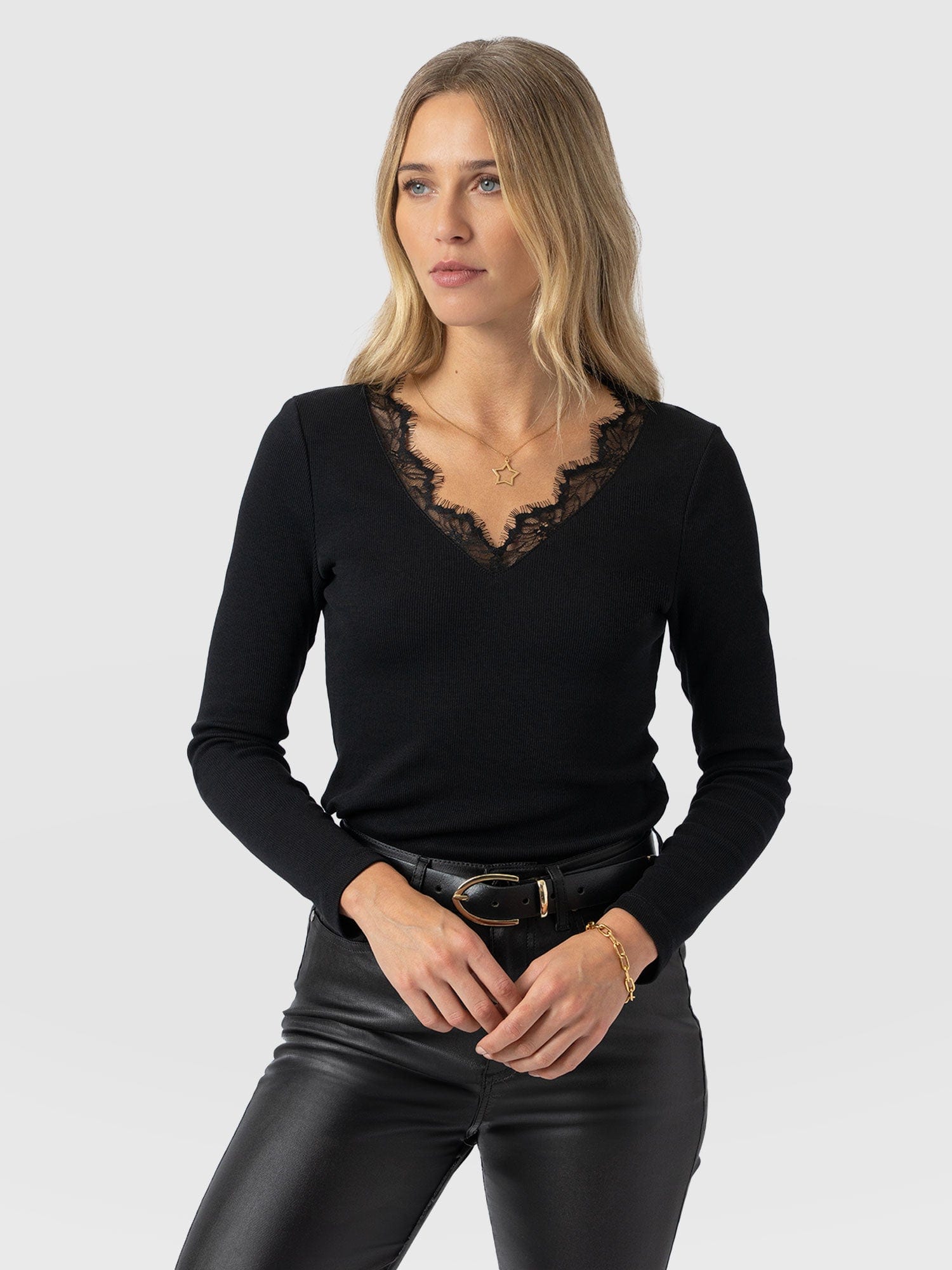 Andie V Neck Long Sleeve Tee - Black Lace - Women's T-shirts | Saint and Sofia® UK
