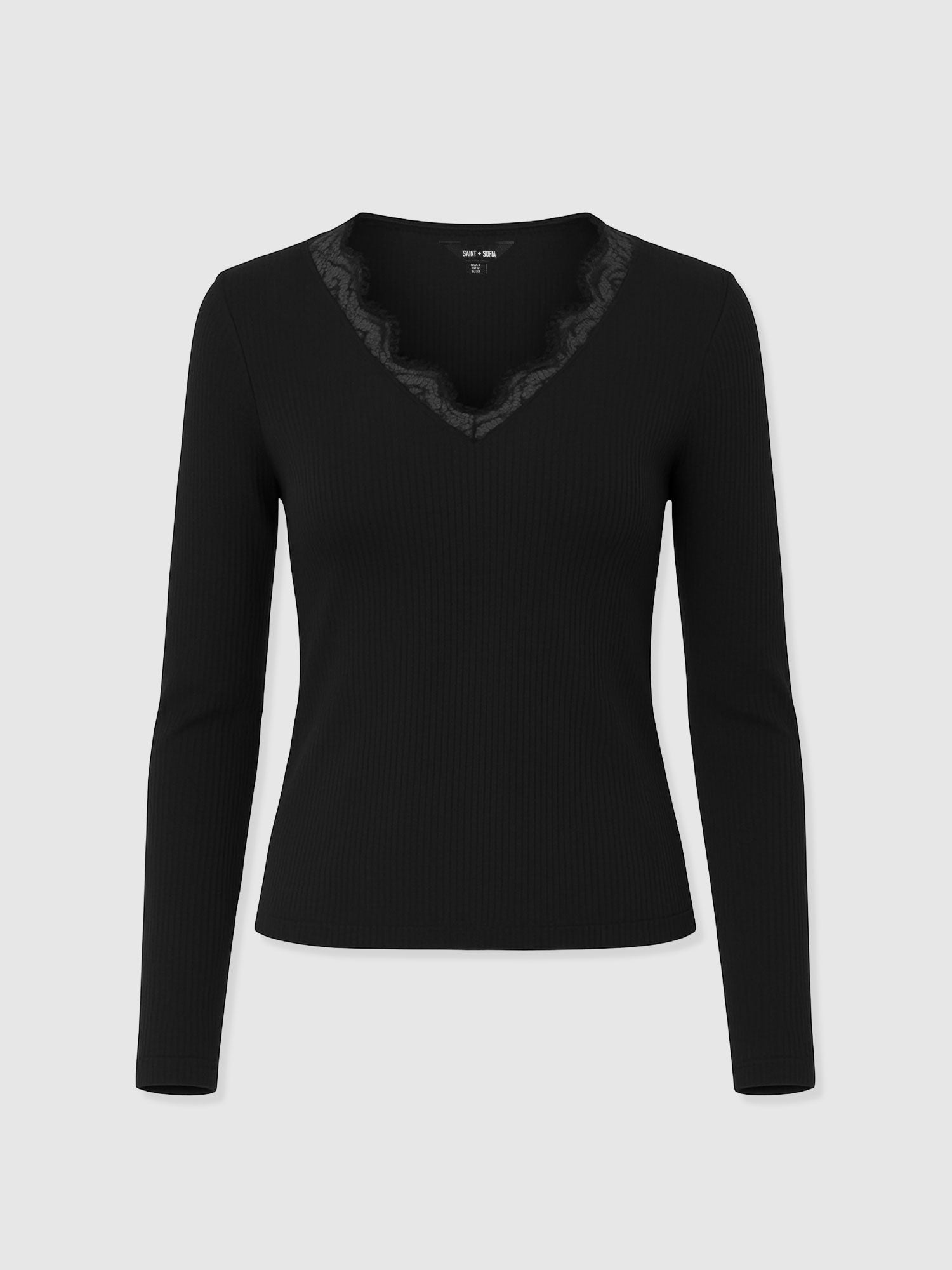 Andie V Neck Long Sleeve Tee - Black Lace - Women's T-shirts | Saint and Sofia® UK