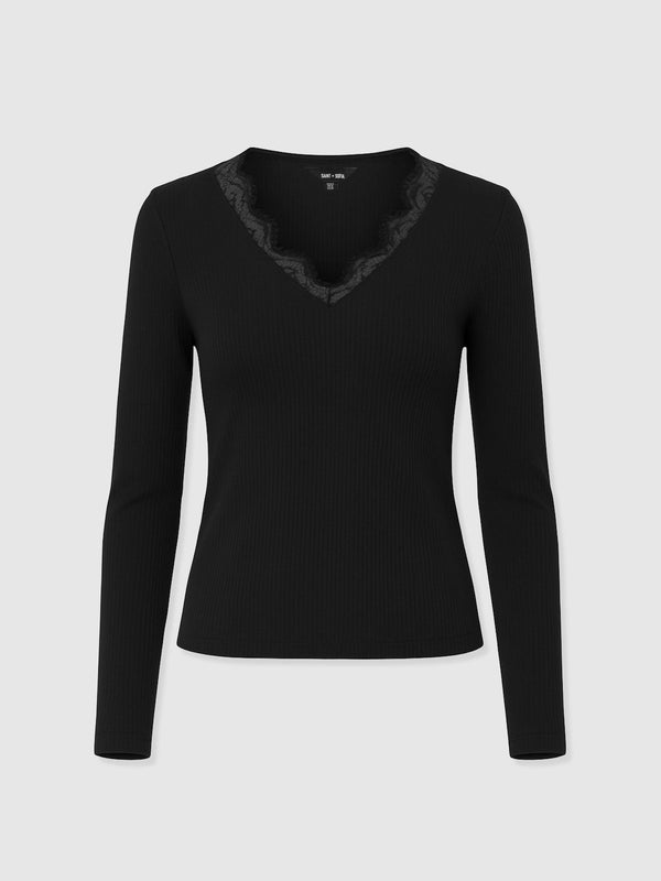 Andie V Neck Long Sleeve Tee - Black Lace