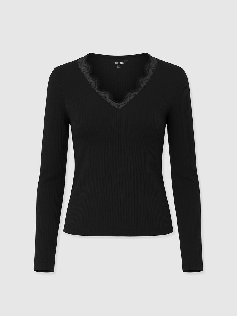 Andie V Neck Long Sleeve Tee - Black Lace