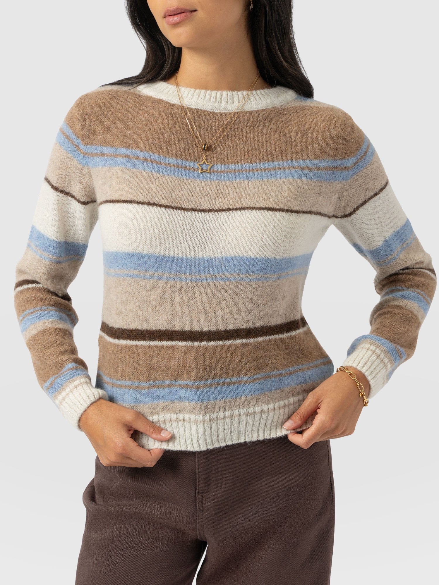 Ariella Boat Neck Jumper - Blue/Brown Stripe - Women's Jumpers | Saint + Sofia® UK