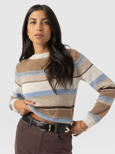 Ariella Boat Neck Jumper - Blue/Brown Stripe - Women's Jumpers | Saint + Sofia® UK