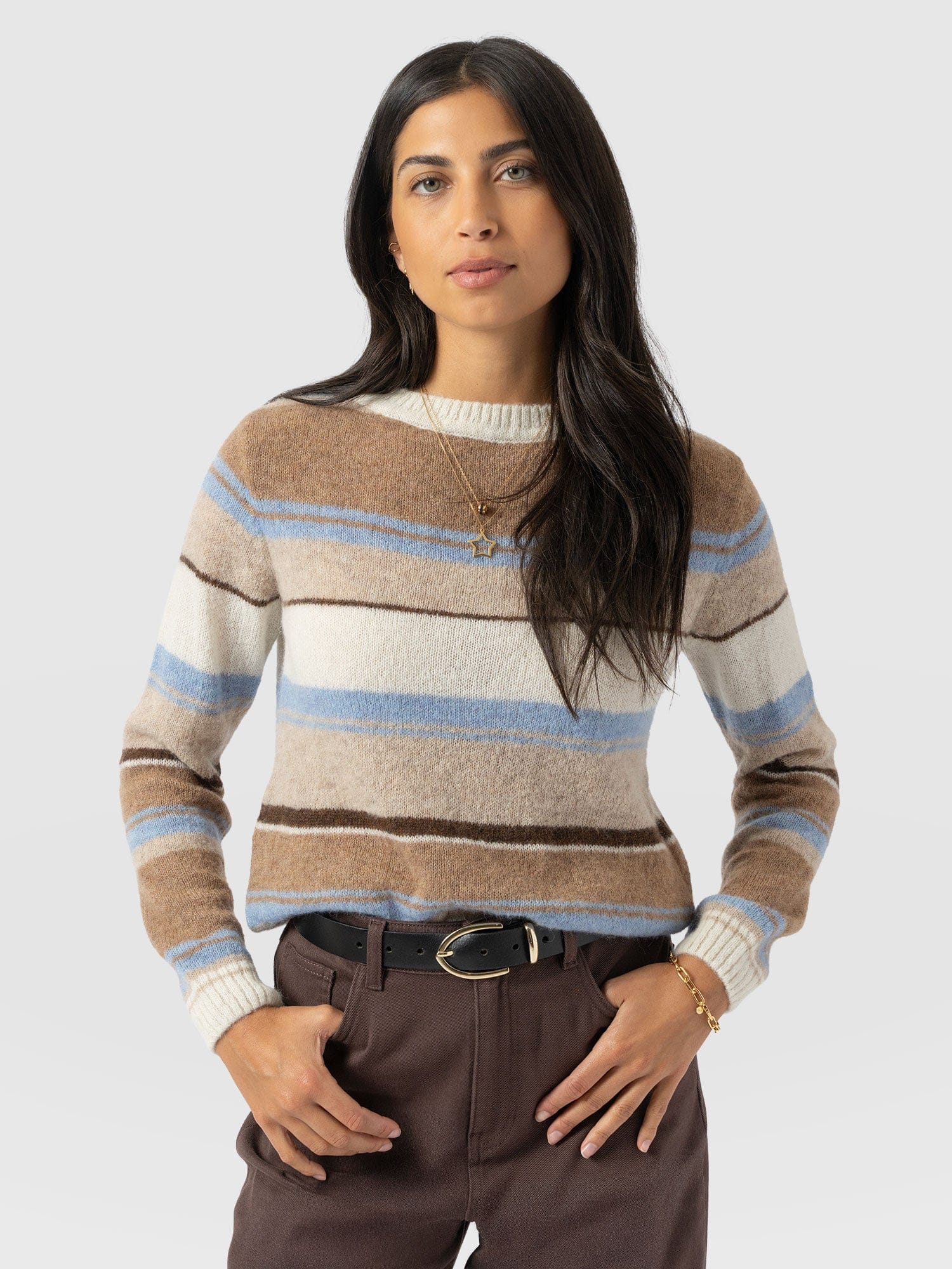 Ariella Boat Neck Jumper - Blue/Brown Stripe - Women's Jumpers | Saint + Sofia® UK