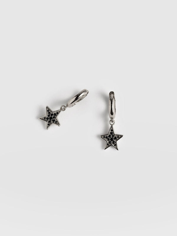 Astral Star Charm Drop Huggie Earrings - Silver/Black