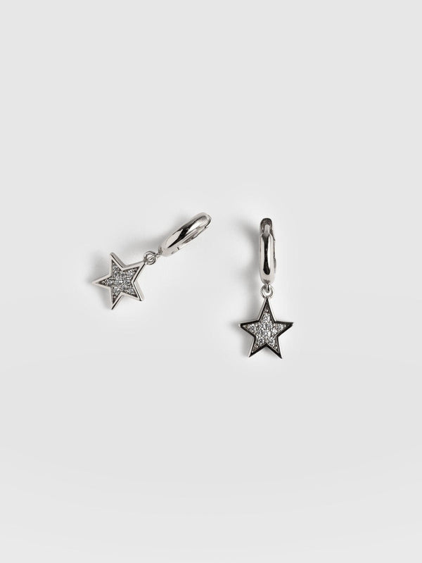 Astral Star Charm Drop Huggie Earrings - Silver