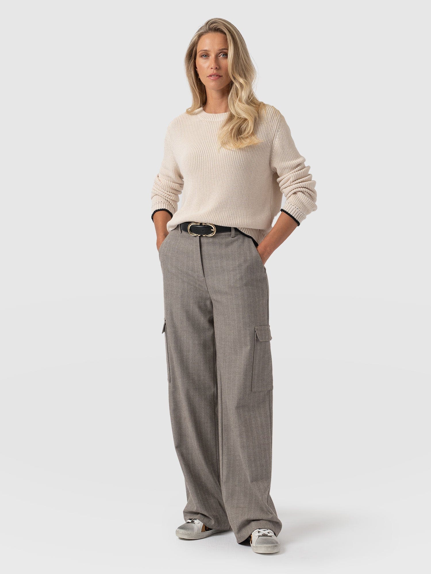 Astrid Cargo Pant Brown Herringbone - Women's Trousers | Saint + Sofia® UK