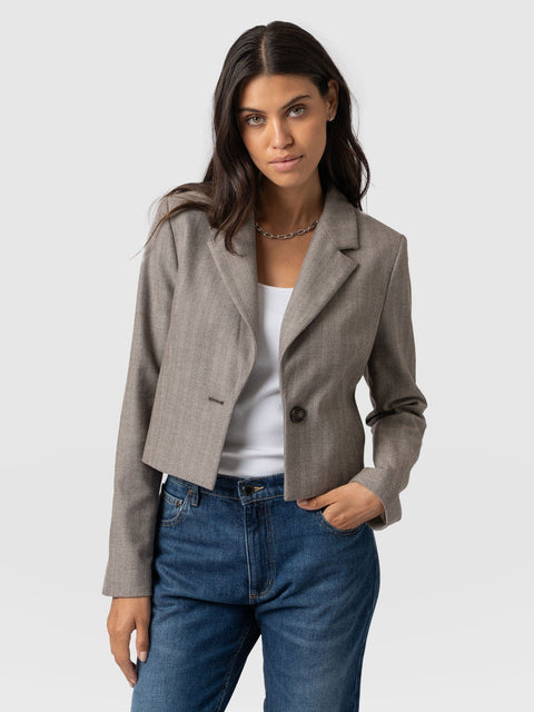 Astrid Cropped Blazer Brown Herringbone - Women's Blazers | Saint + Sofia® UK