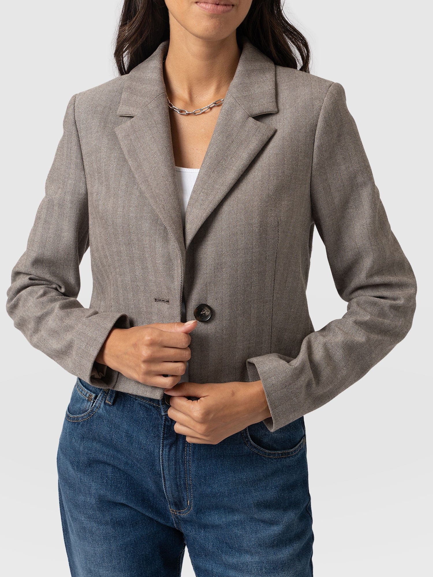 Astrid Cropped Blazer Brown Herringbone - Women's Blazers | Saint + Sofia® UK