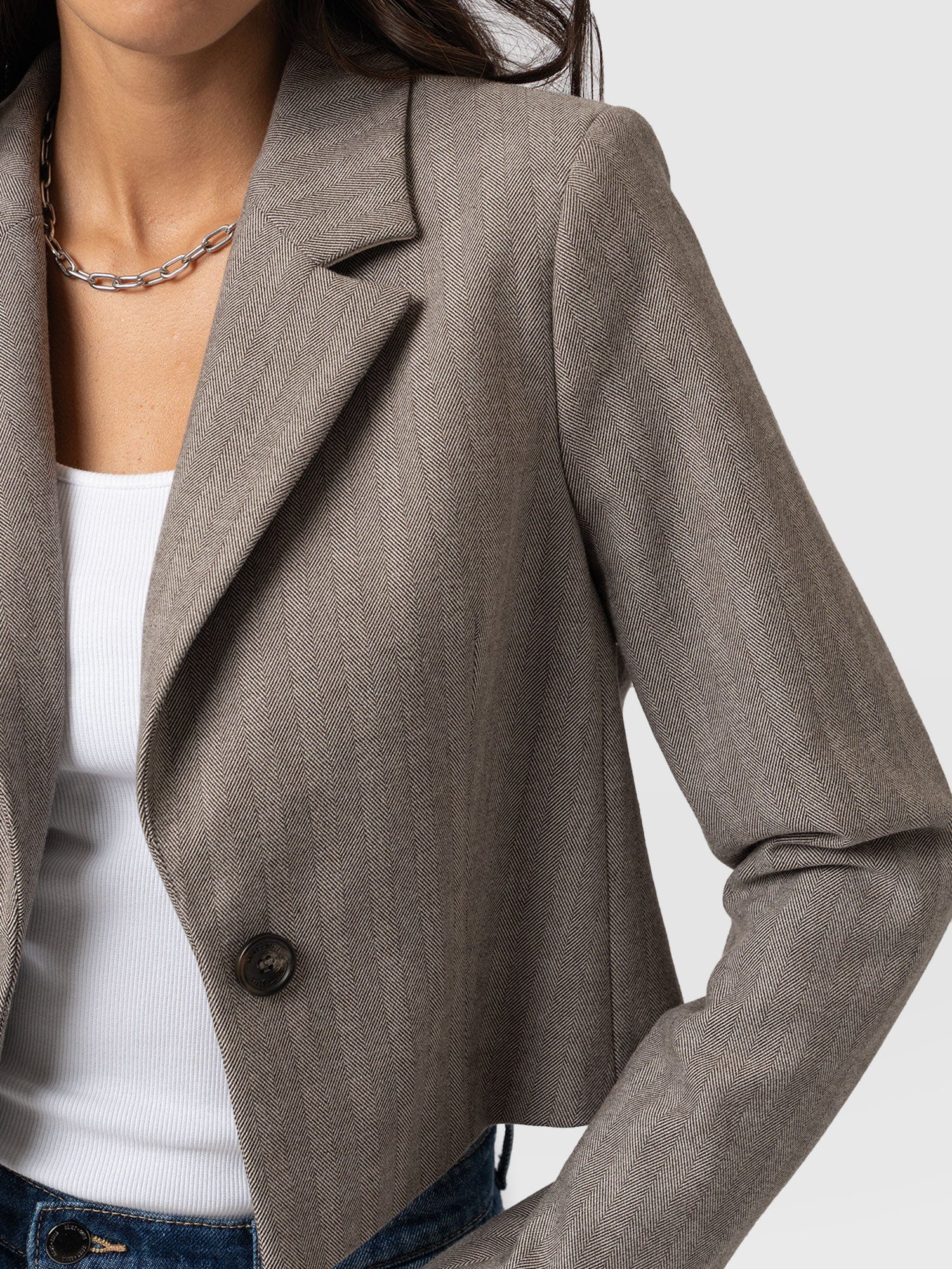 Astrid Cropped Blazer Brown Herringbone - Women's Blazers | Saint + Sofia® UK