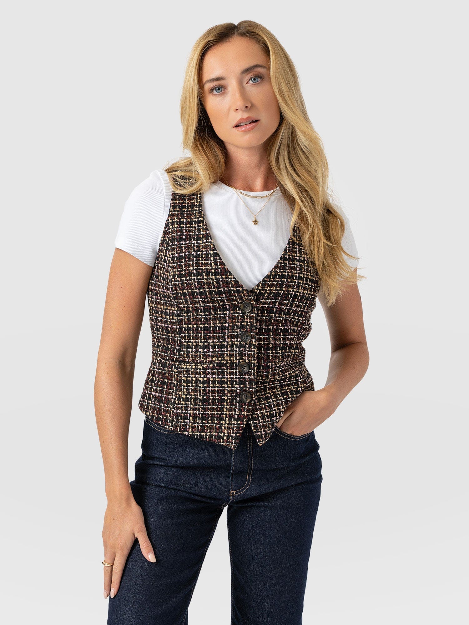 Astrid Waistcoat - Black/Burgundy/Gold Boucle - Women's Jackets | Saint + Sofia® UK